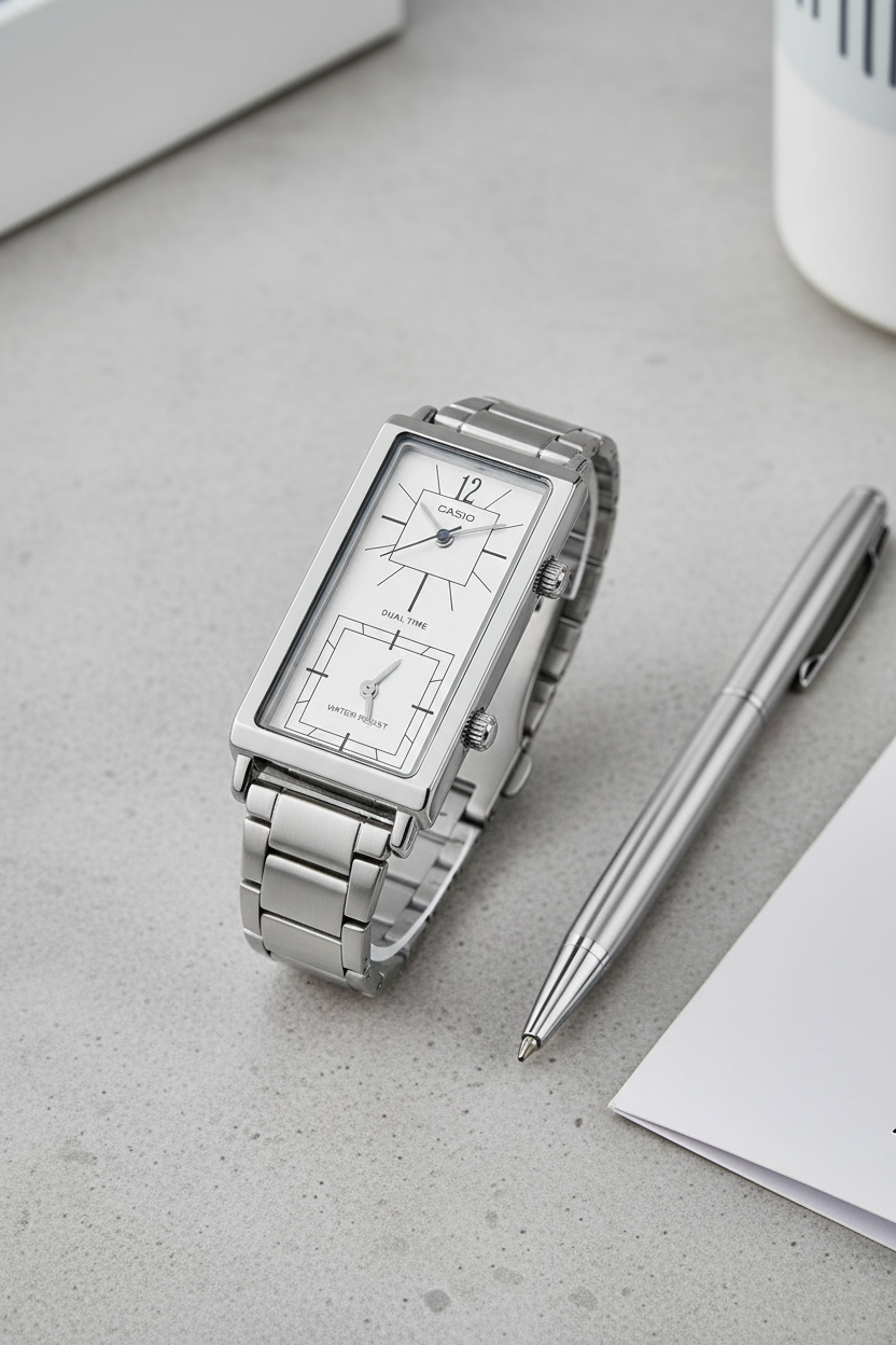 Casio LTP-E151D-7BDF sobre concreto gris minimalista