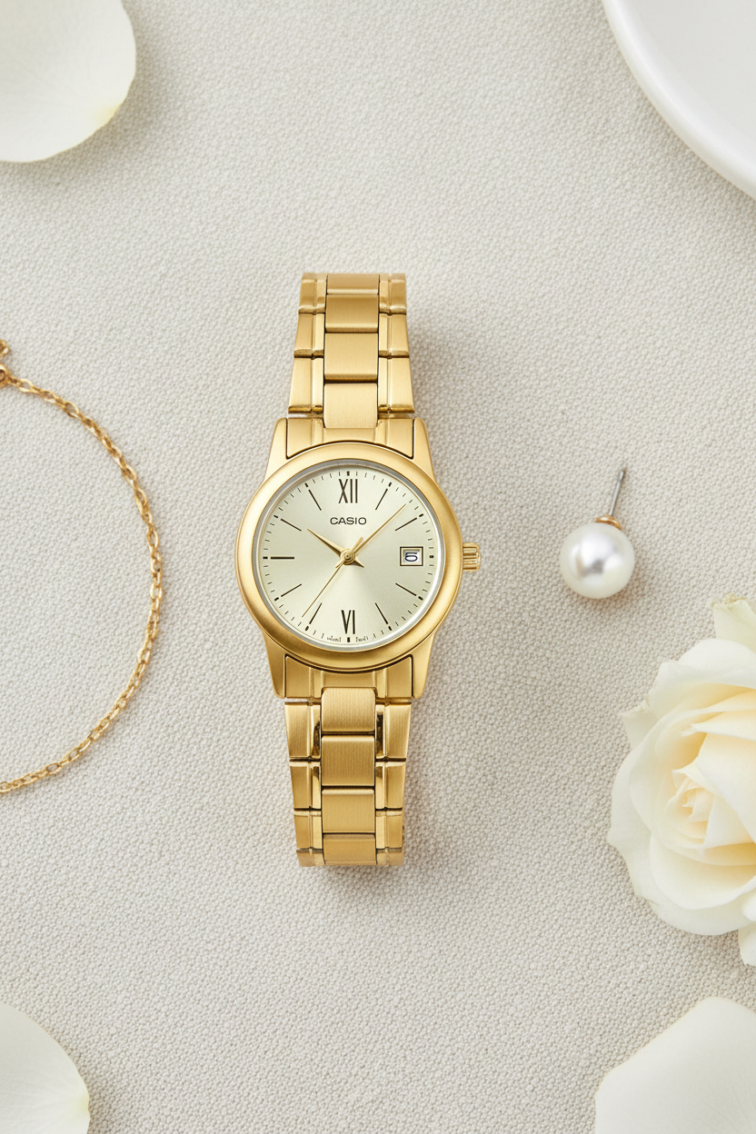 Casio LTP-V002G-9B3UDF flat lay sobre lino crema mostrando números romanos