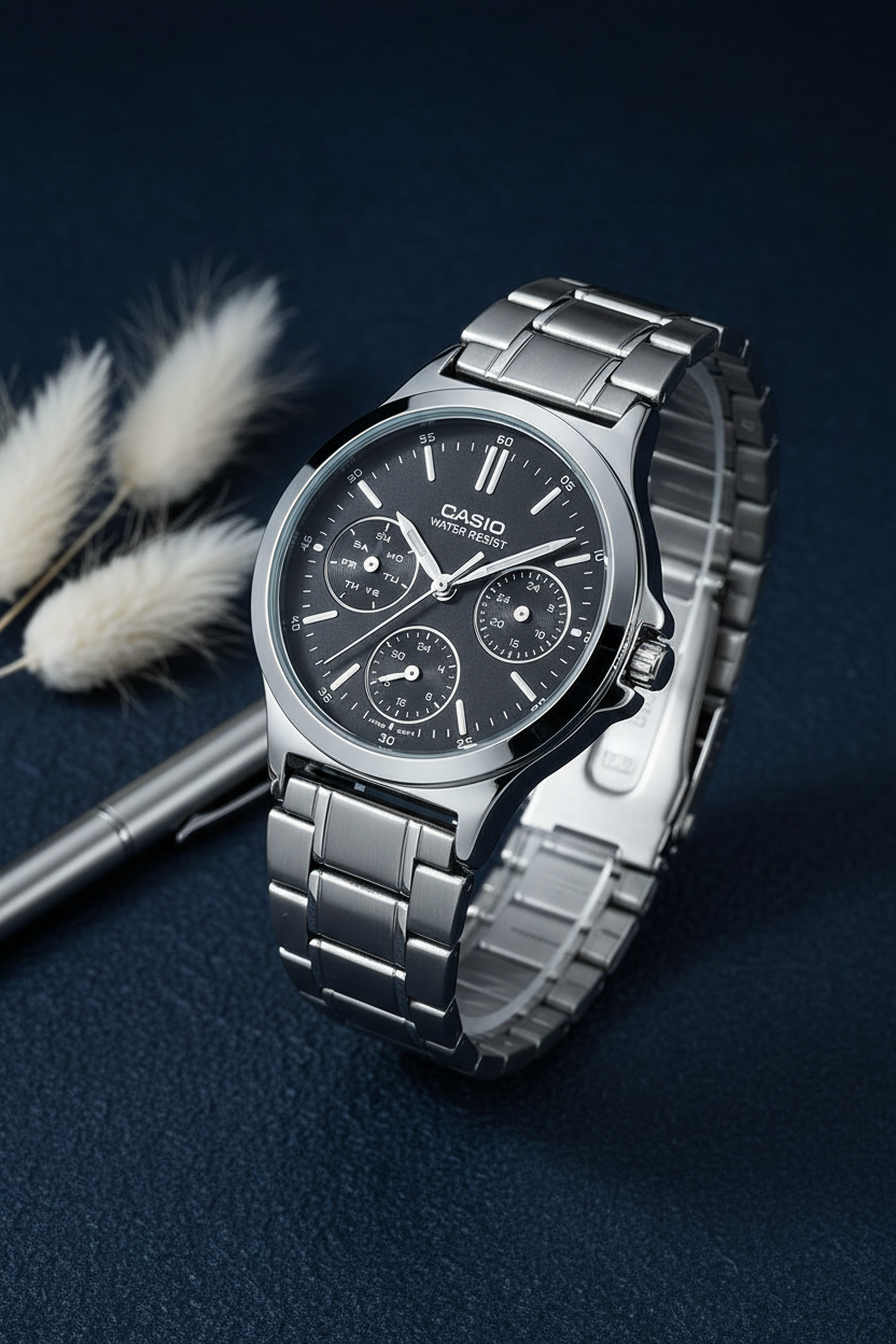 Casio LTP-V300D-1AUDF sobre fondo navy con pampas blancas