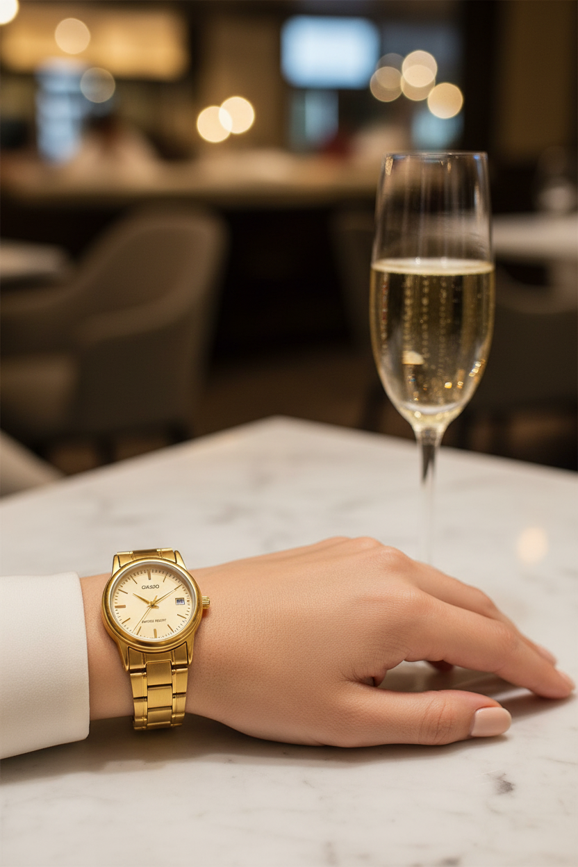 Casio LTP-V002G-9AUDF en muñeca en restaurante con champagne