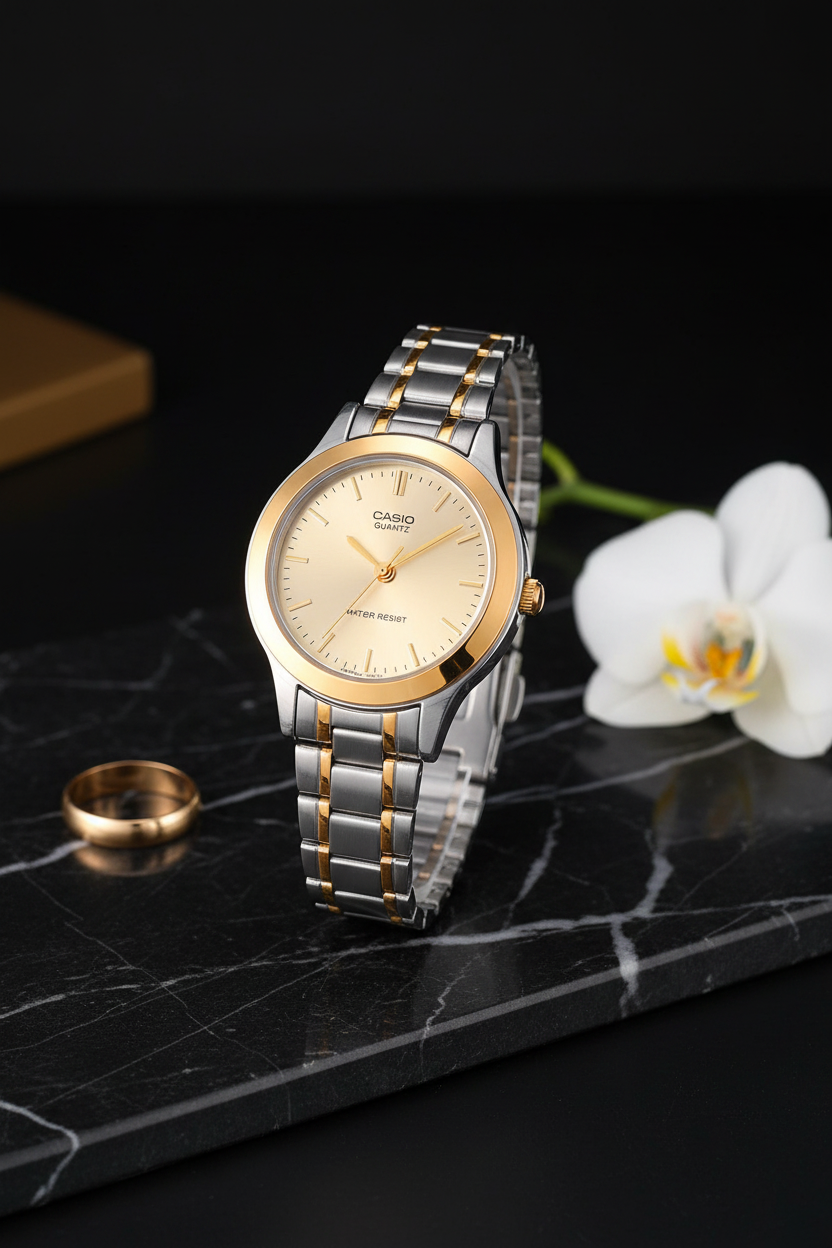 Casio LTP-1128G-9ARDF sobre mármol negro con orquídea dorada