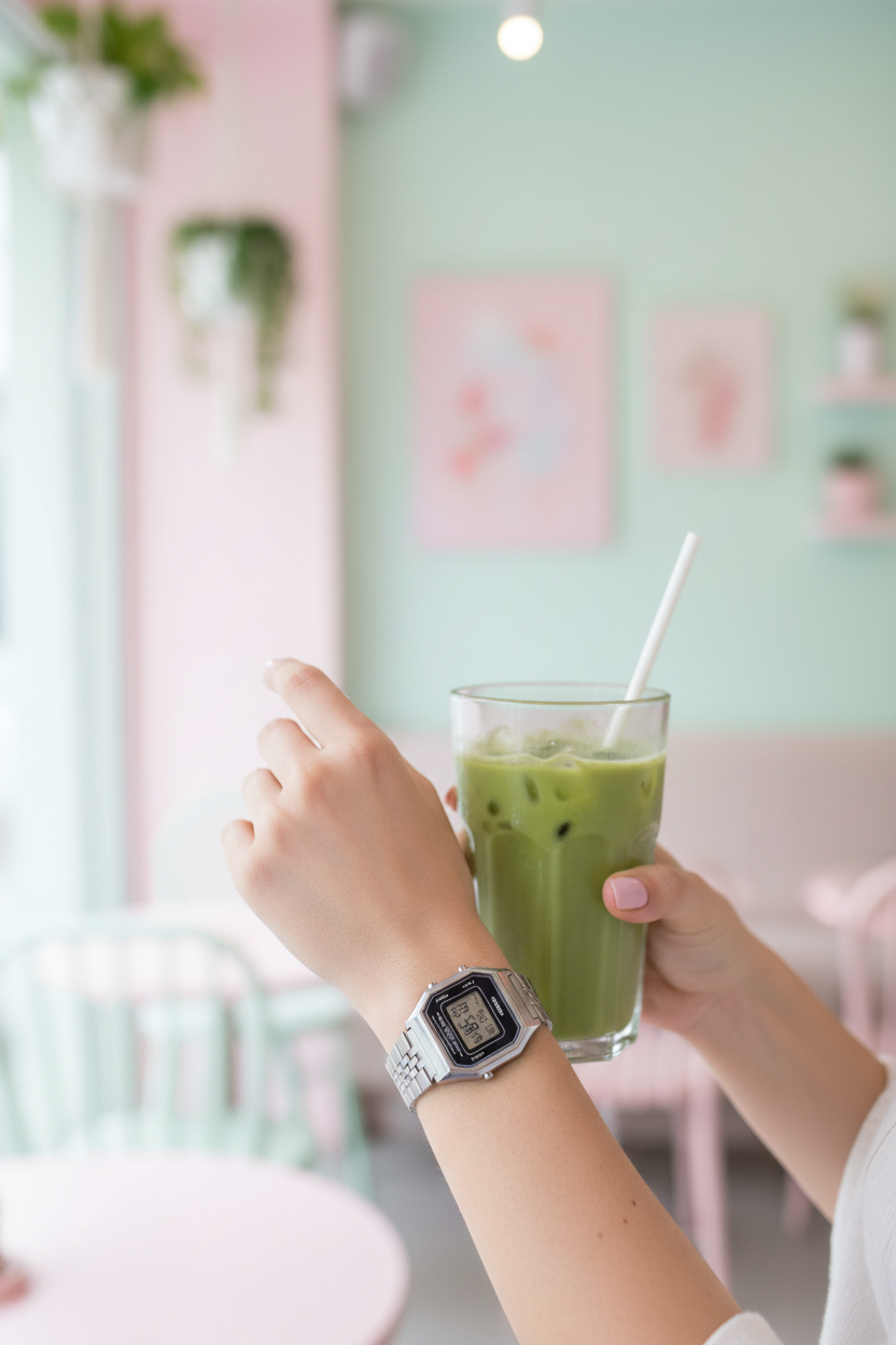Casio LA680WA-1DF lifestyle - café aesthetic pastel
