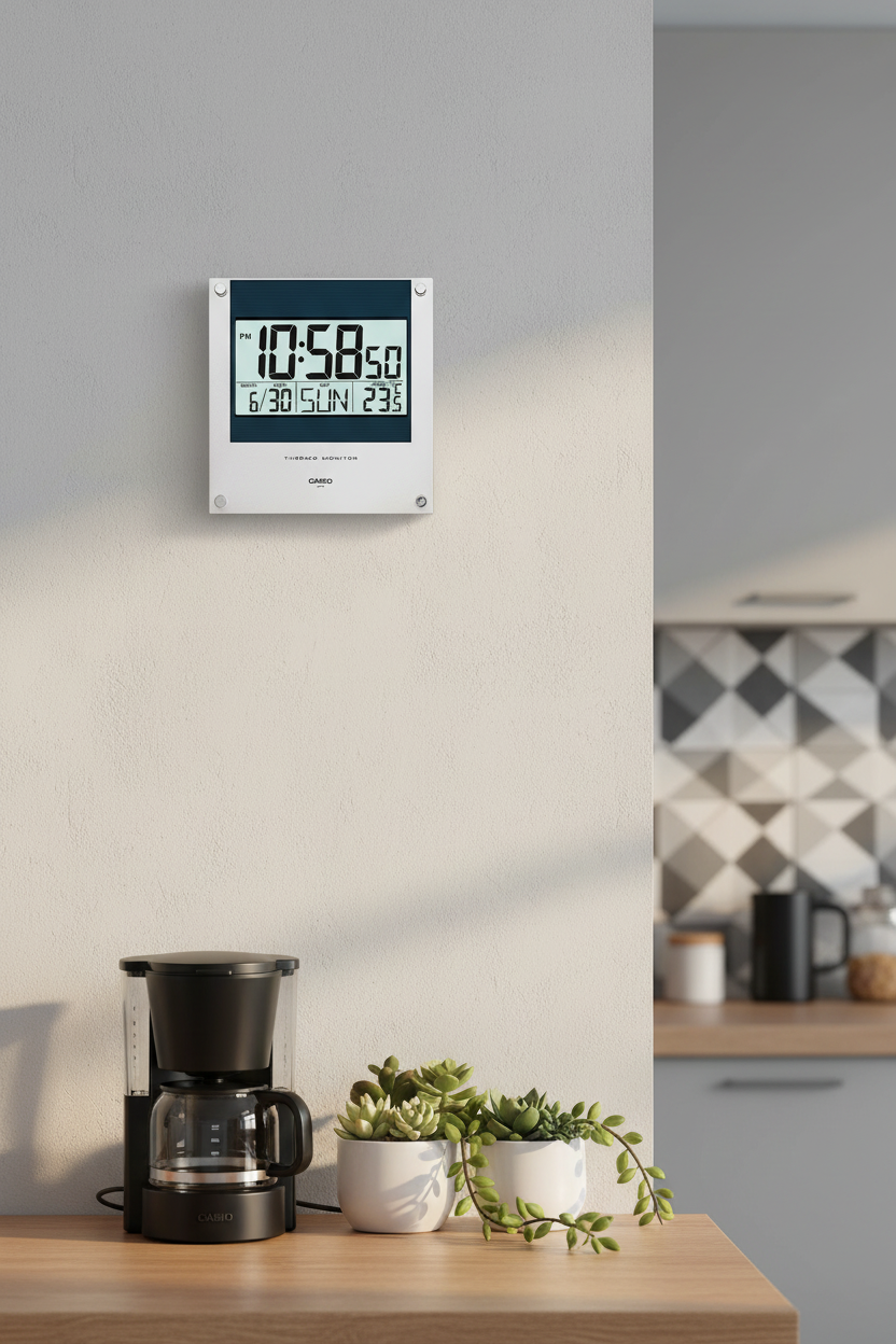 Casio ID-11S-2DF reloj de pared digital en cocina moderna