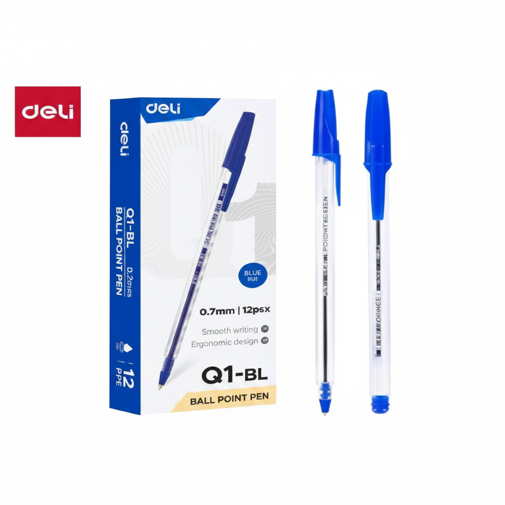 Bolígrafo cuerpo transparente DELI punta bala 0,7mm x12 unds