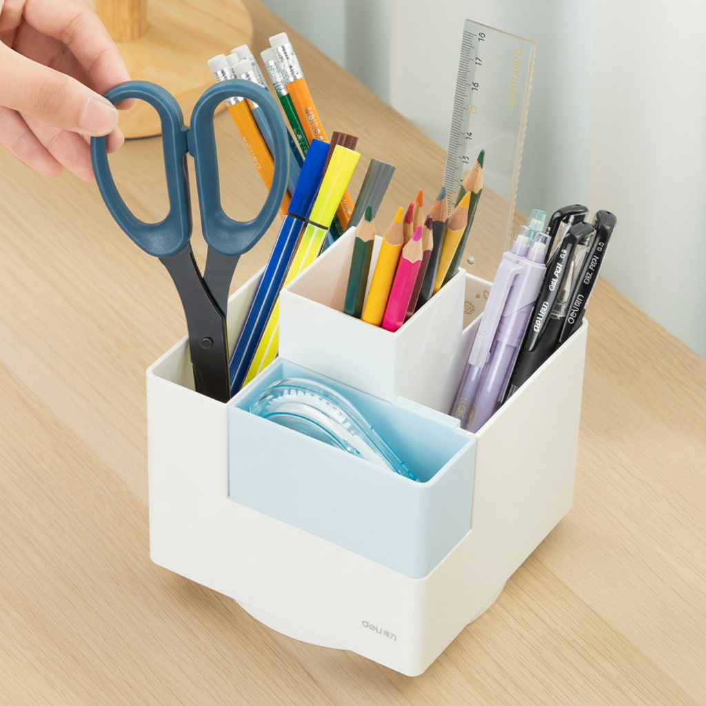 Portalapiz cuadrado DELI multiples compartimientos Blanco-Azul x1 Unidad