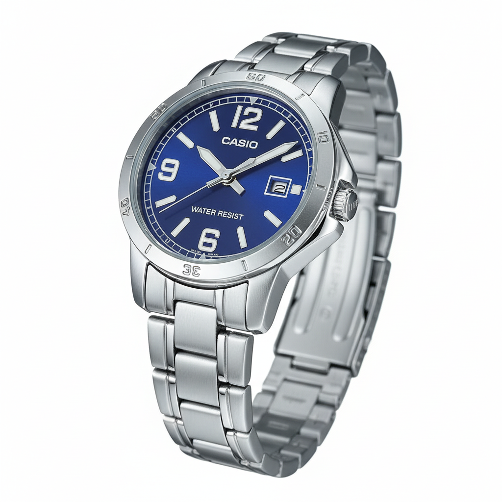 Vista tres cuartos del reloj Casio esfera azul