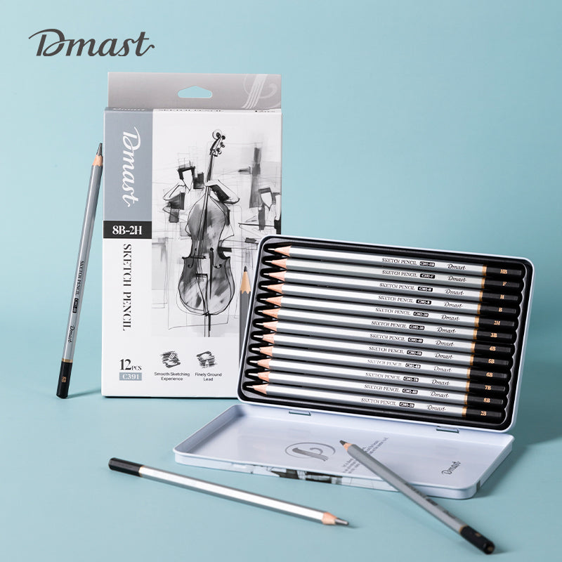 Set de lapices de grafito DELI 8 minas 2H a 8B Negro Caja metalica x12 Unidades