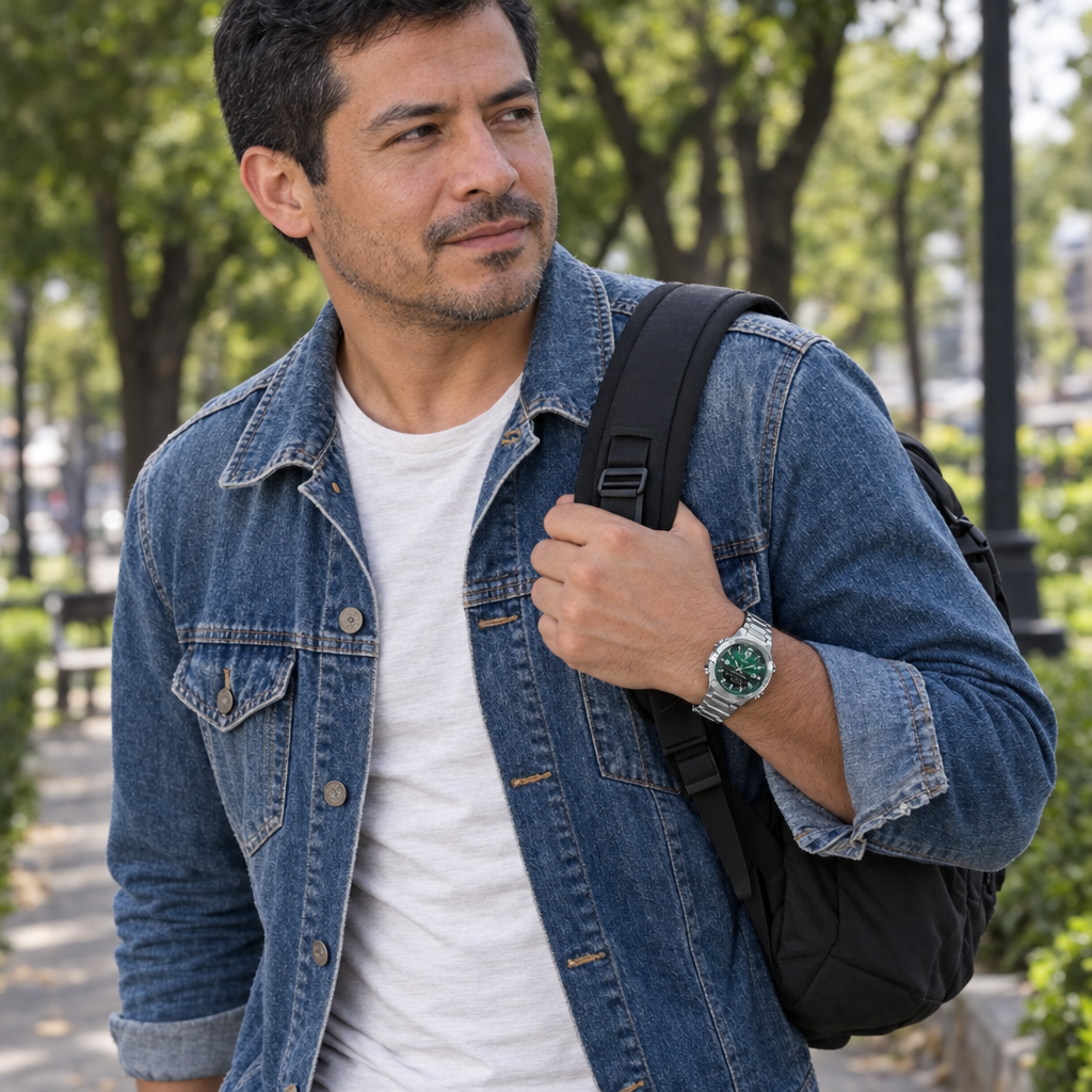 AMW-870DA-3AVDF con modelo hombre en un parque