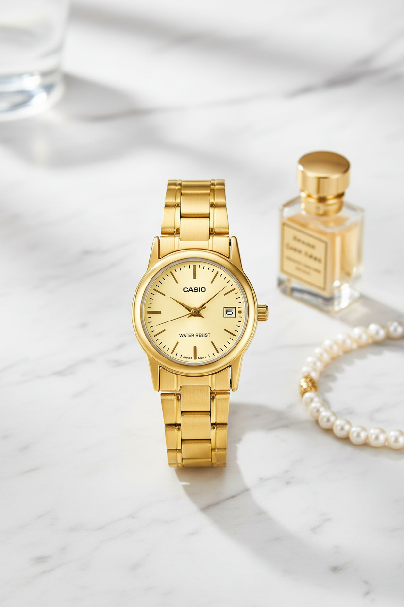 Casio LTP-V002G-9AUDF sobre mármol blanco con perfume y perlas
