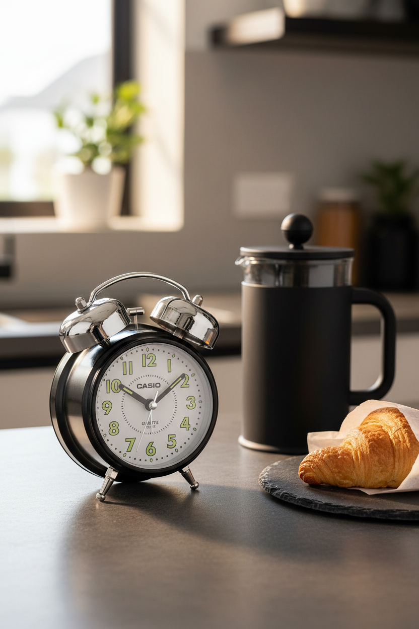 Casio TQ-362-1BDF despertador en rutina matutina con café negro