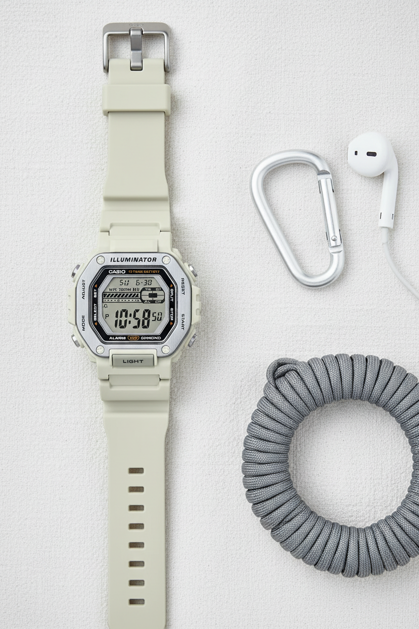 Casio MWD-110H-8AVDF flat lay sobre lino blanco