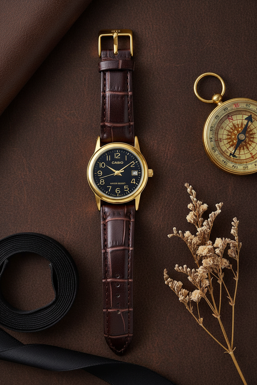 Casio LTP-V002GL-1BUDF flat lay sobre cuero marrón con brújula dorada