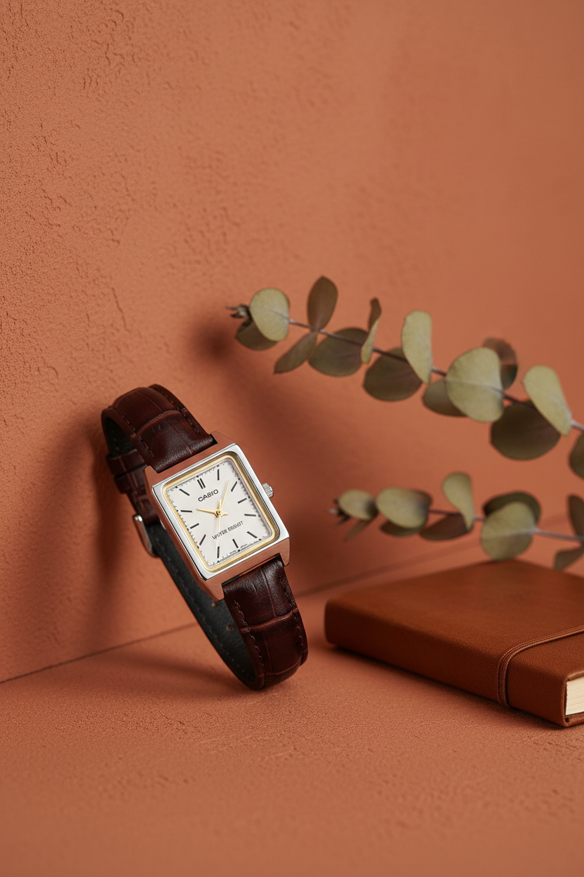 Casio LTP-V007L-7E2UDF sobre fondo terracota con eucalipto