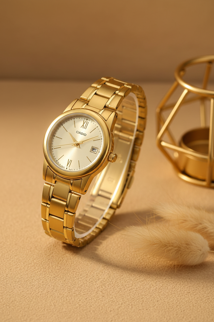 Casio LTP-V002G-9B3UDF sobre fondo beige con pampas doradas