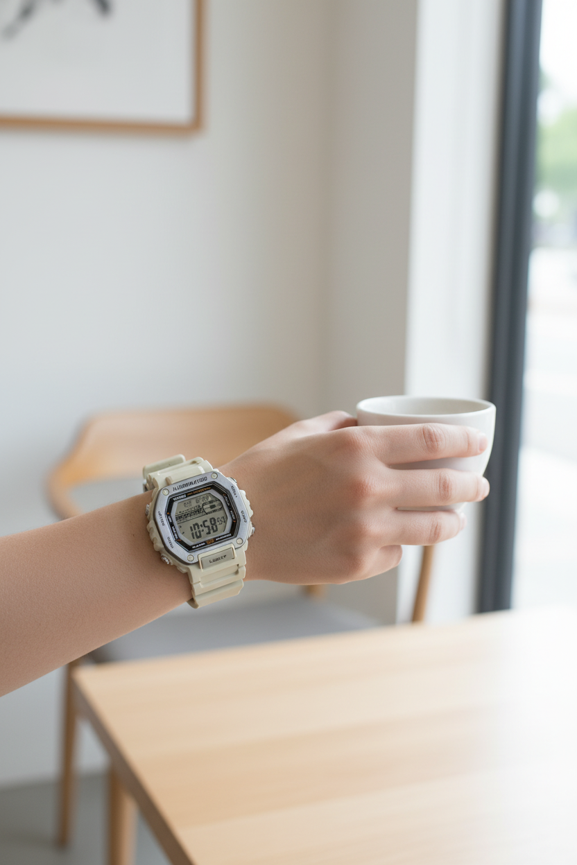 Casio MWD-110H-8AVDF en muñeca en café minimalista