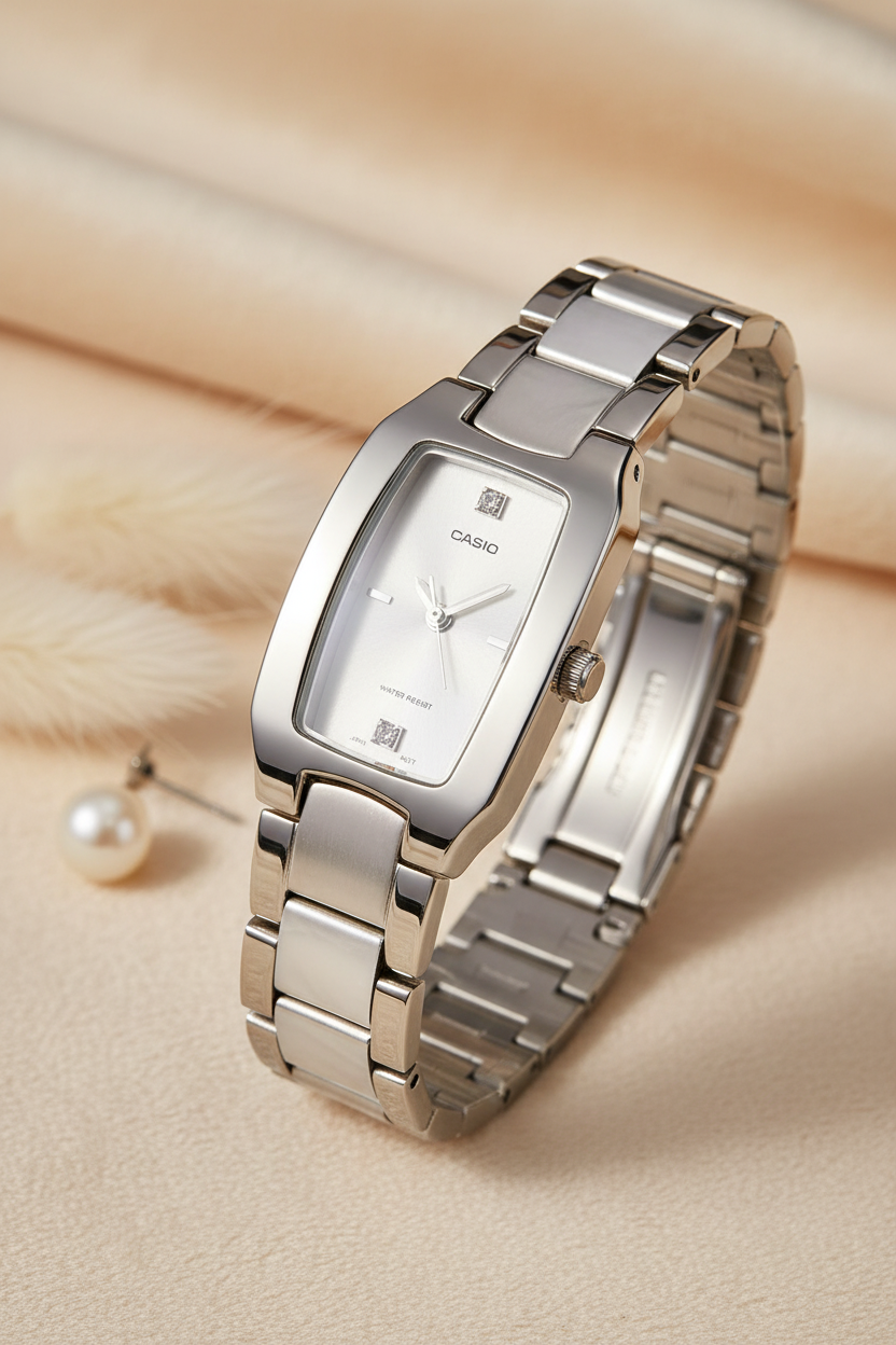 Casio LTP-1165A-7C2DF sobre fondo crema con pampas