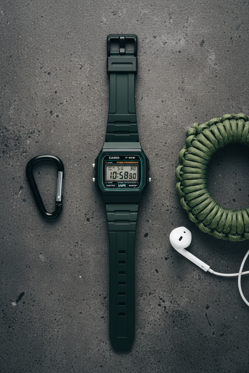 Casio F-91W-3DG flat lay sobre concreto con accesorios streetwear