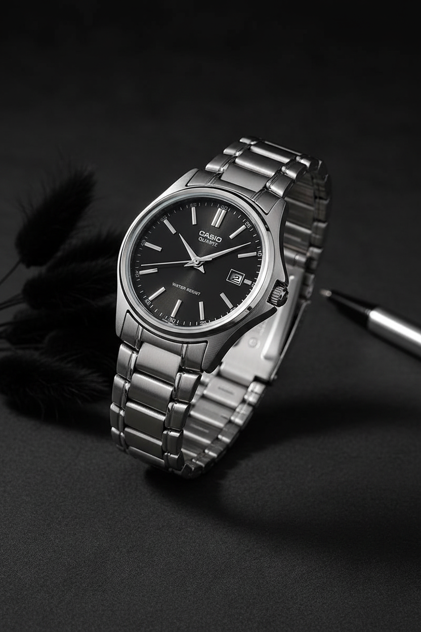 Casio LTP-1183A-1ADF sobre fondo carbón con pampas oscuras