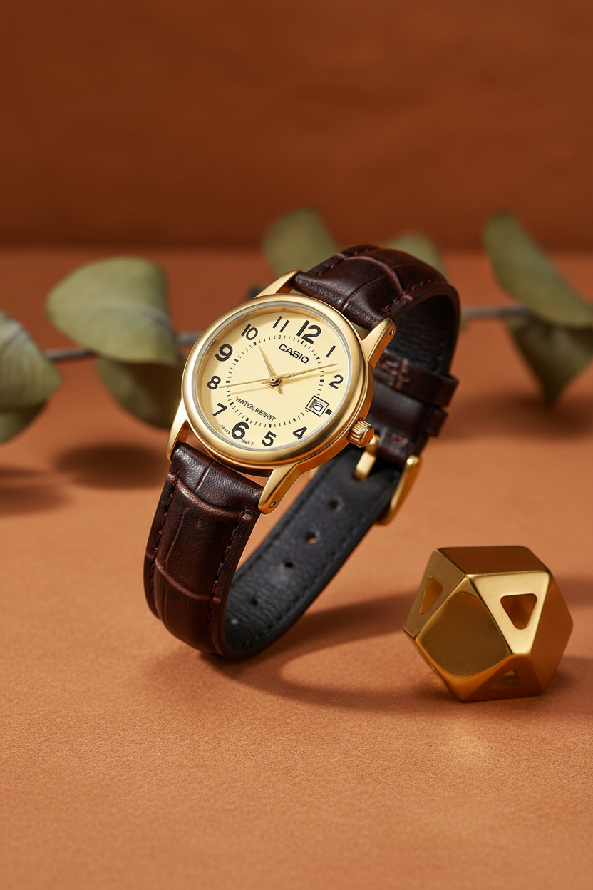 Casio LTP-V002GL-9BUDF sobre fondo terracota con eucalipto