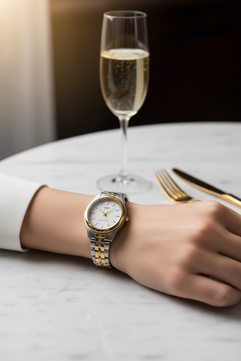Casio LTP-1129G-7ARDF en muñeca en restaurante con champagne