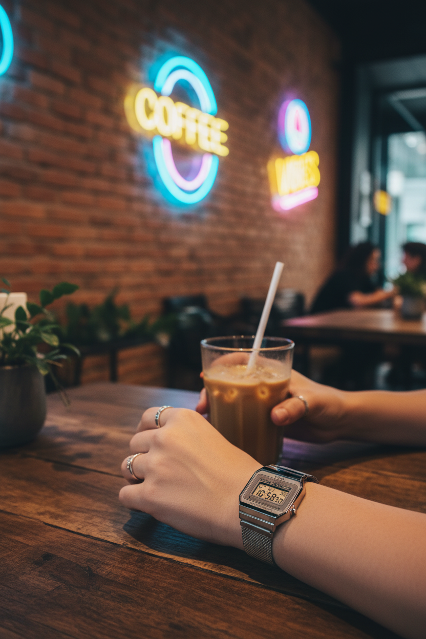 Casio A700WM-7ADF lifestyle - café urbano trendy