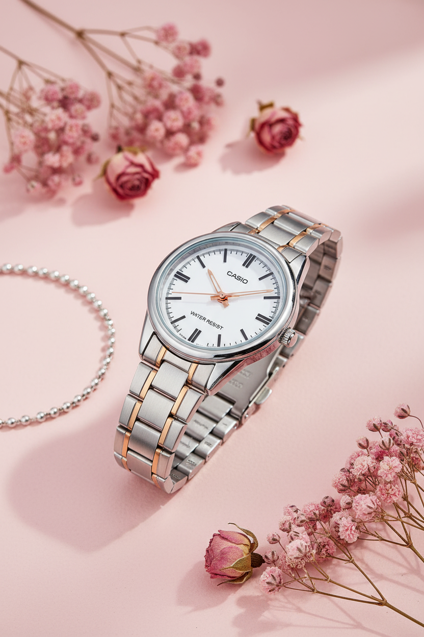 Casio LTP-V005SG-7AUDF sobre superficie rosa con flores