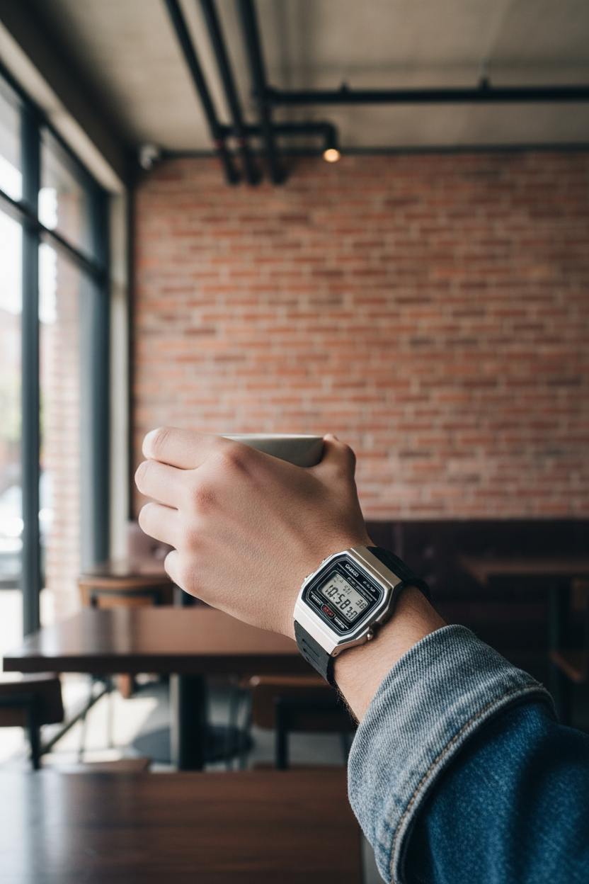 Casio F-91WM-7ADF en muñeca en café urbano industrial