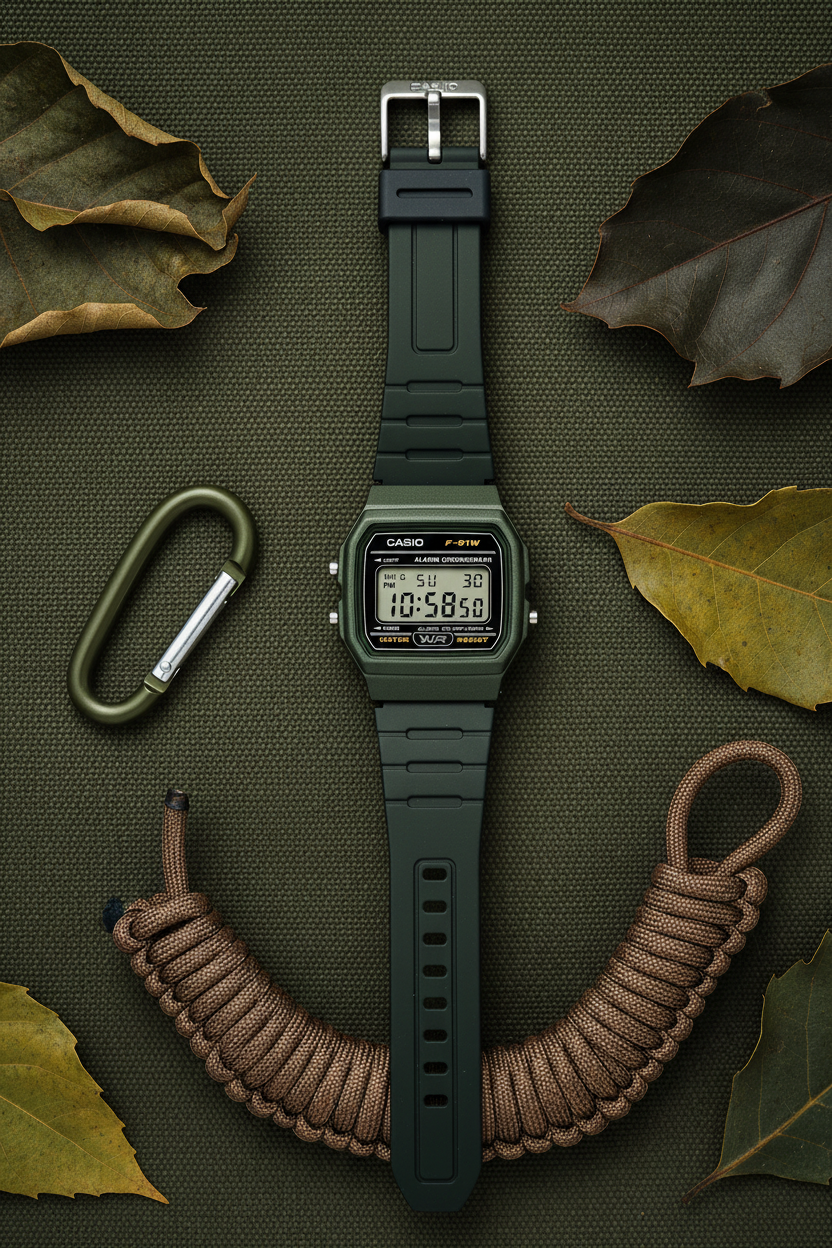 Casio F-91WM-3ADF flat lay sobre canvas militar