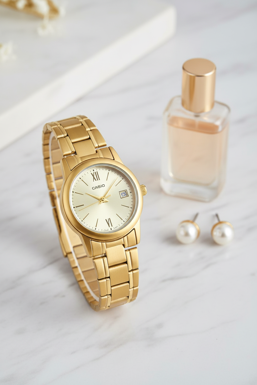 Casio LTP-V002G-9B3UDF sobre mármol blanco con perfume y perlas