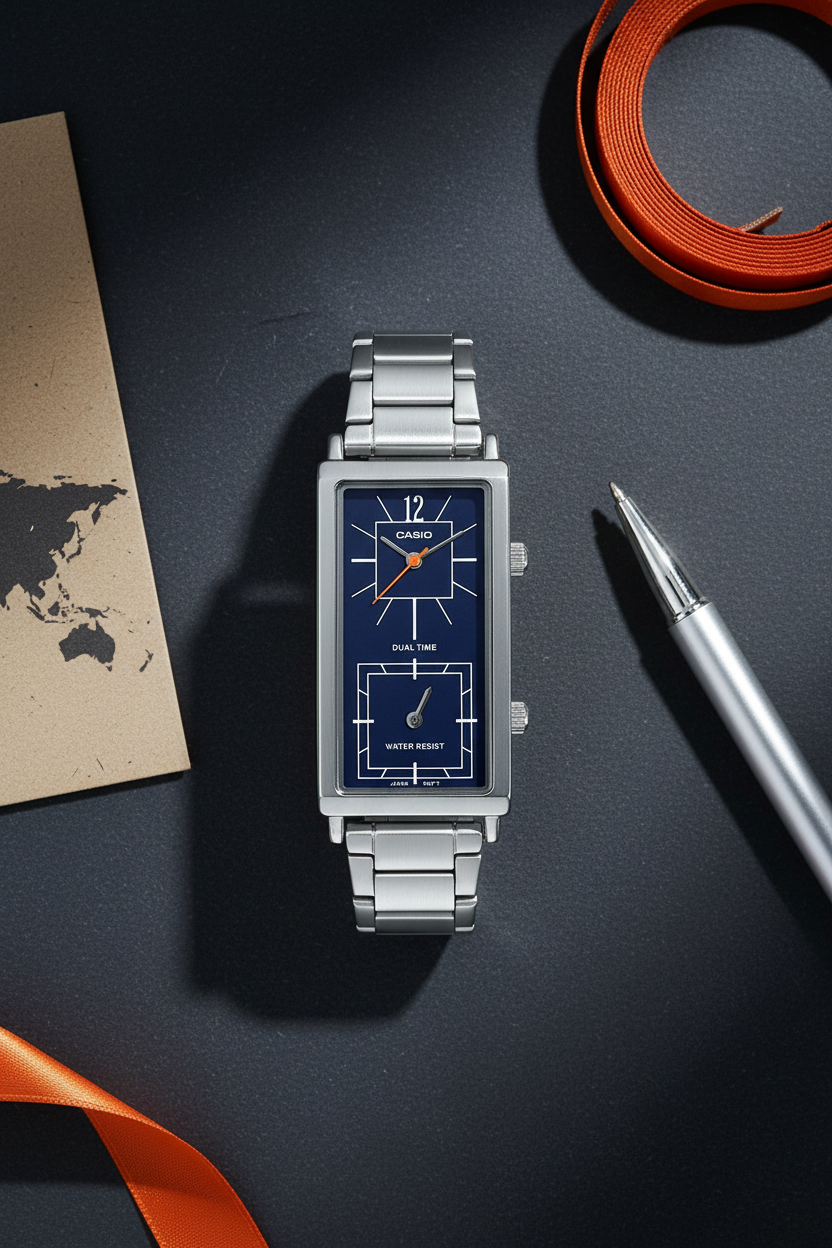 Casio LTP-E151D-2BDF flat lay sobre pizarra con mapa y cinta naranja