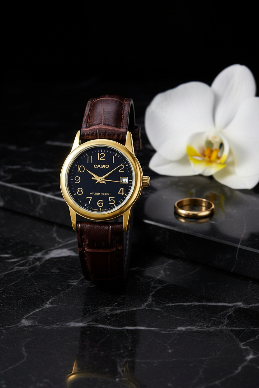 Casio LTP-V002GL-1BUDF sobre mármol negro con orquídea dorada