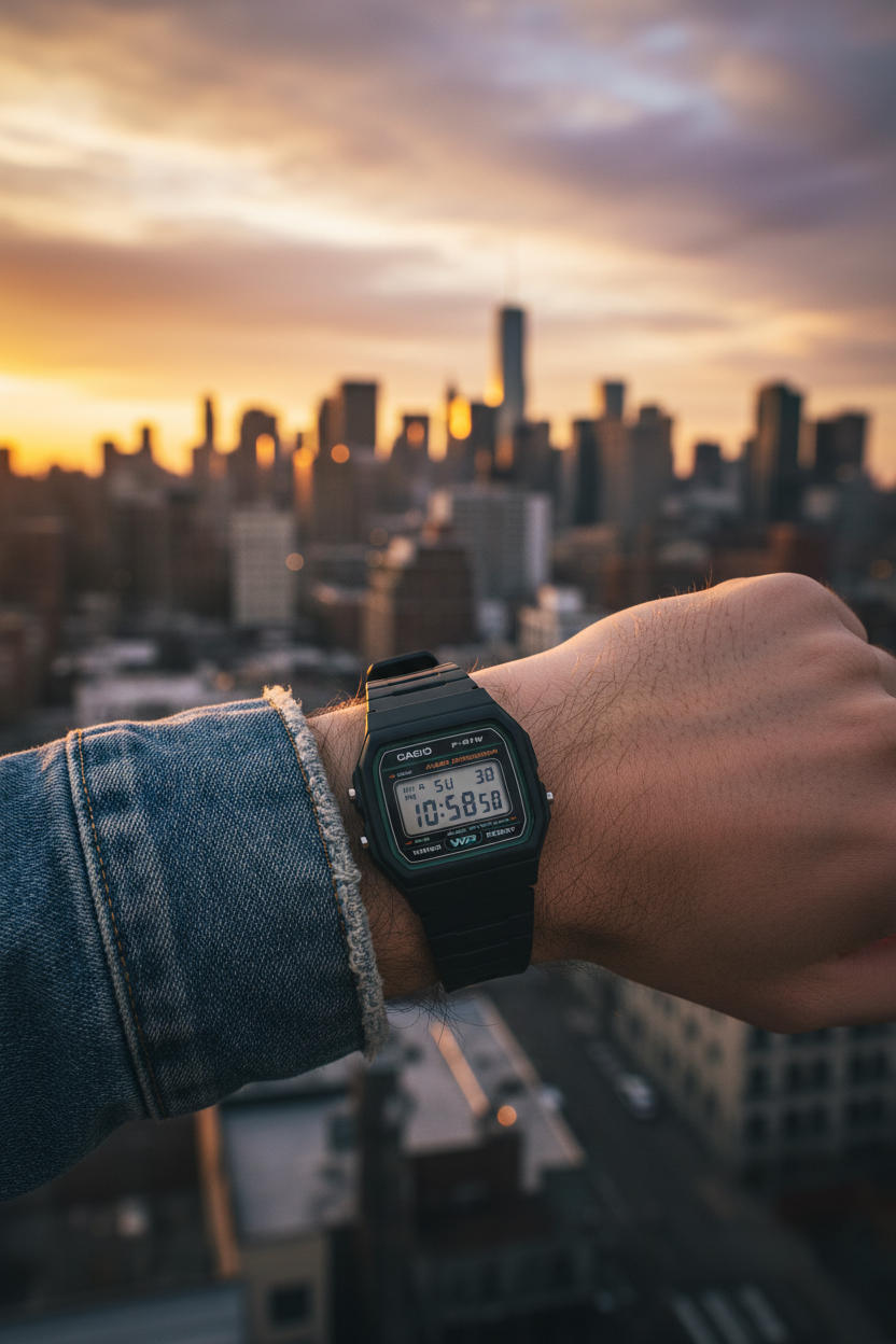 Casio F-91W-3DG en muñeca en rooftop sunset streetwear