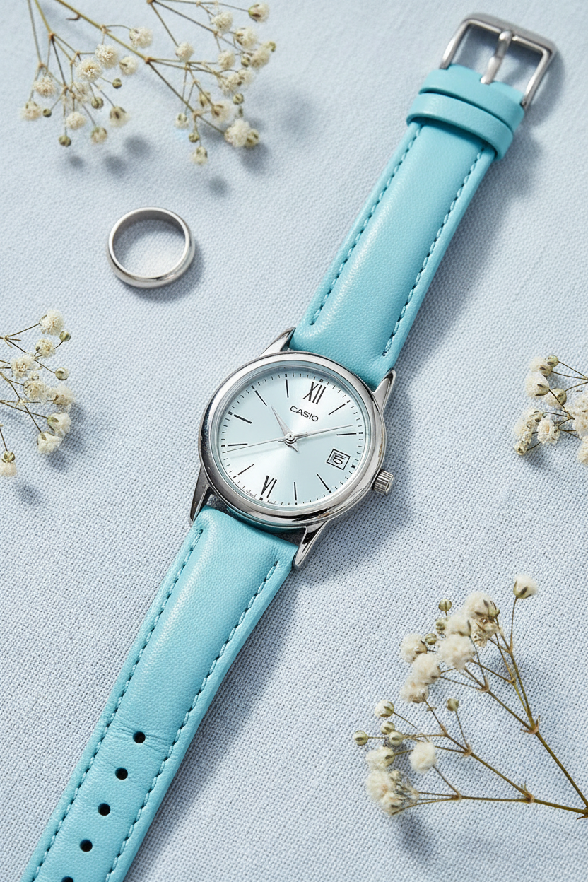 Casio LTP-V002L-2B3UDF sobre lino azul cielo