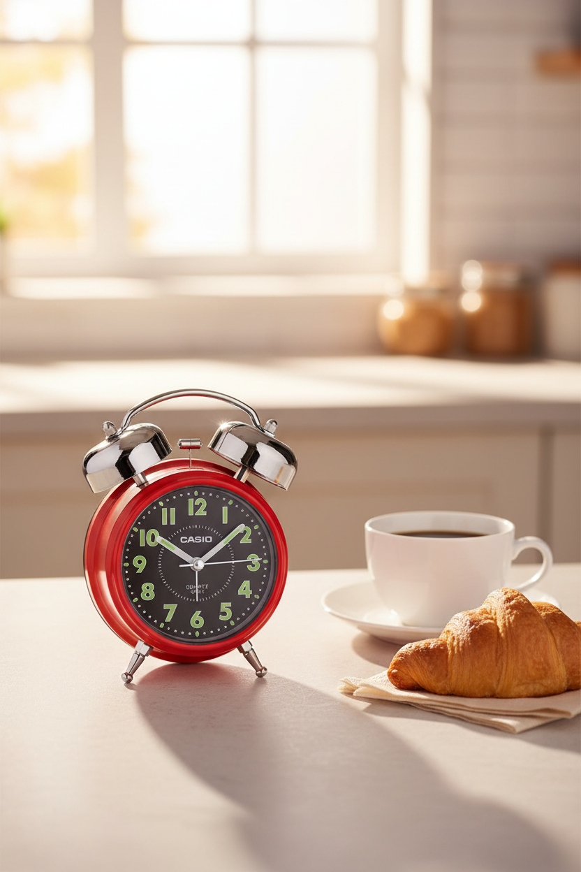 Casio TQ-362-4ADF despertador en rutina matutina con café