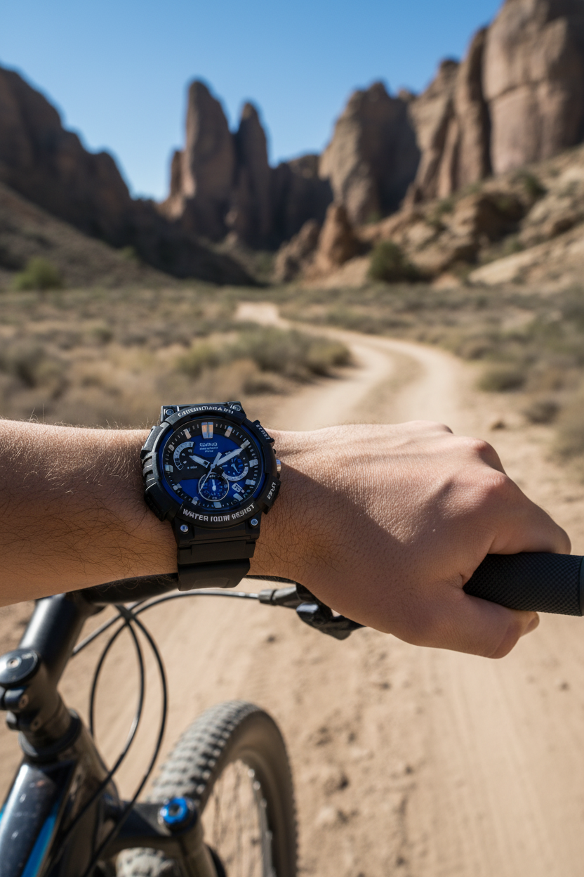Casio MCW-200H-2AVDF en muñeca en mountain bike extremo