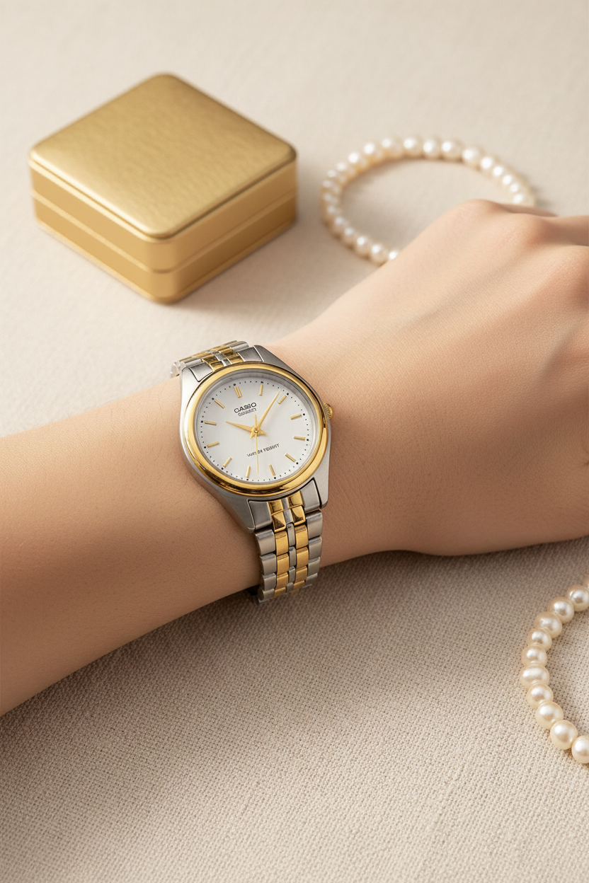 Casio LTP-1129G-7ARDF en muñeca en mañana con joyero y perlas