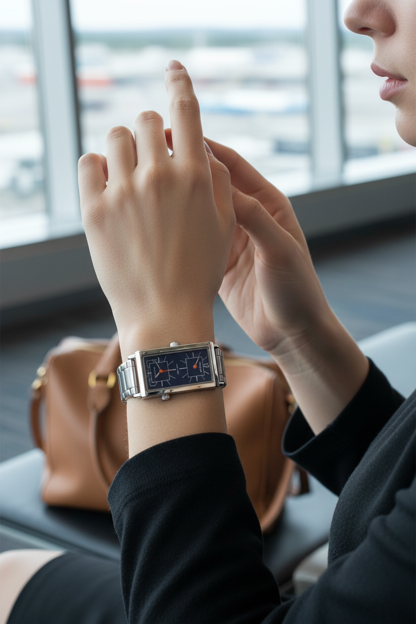 Casio LTP-E151D-2BDF en muñeca en aeropuerto mostrando dual time