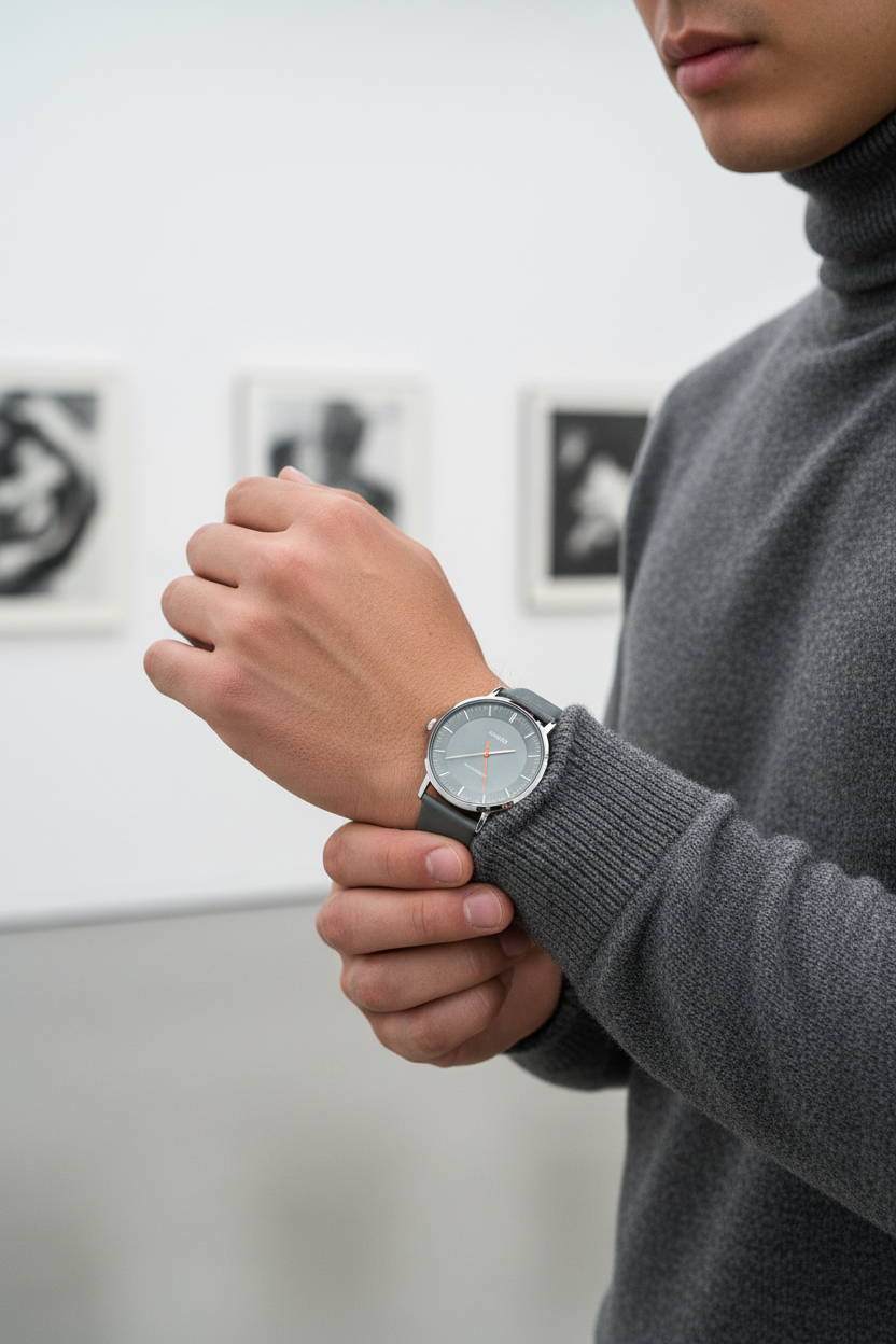 Lifestyle - Sofisticado galería de arte con cuello tortuga gris
