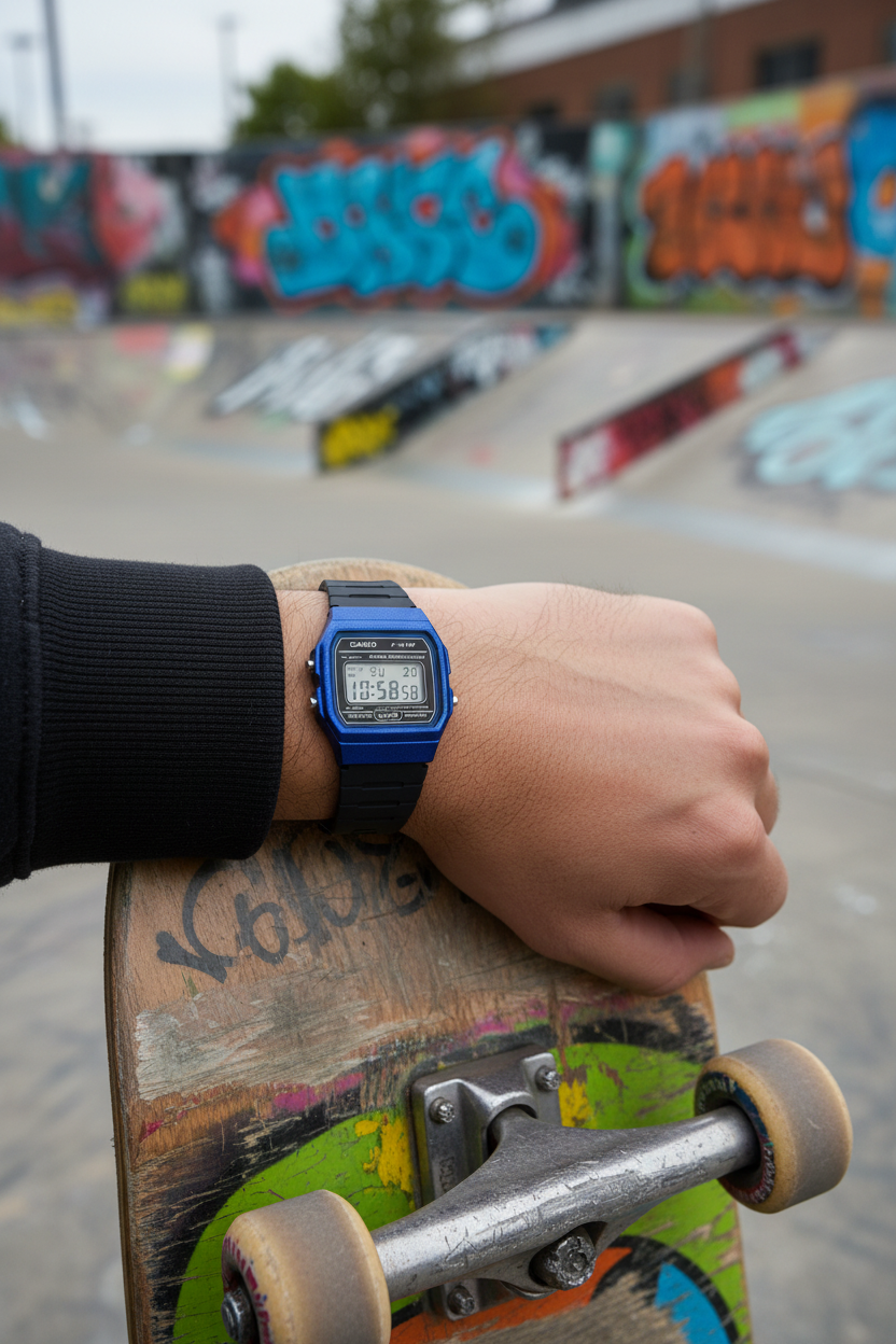 Casio F-91WM-2ADF en muñeca en skate park con graffiti