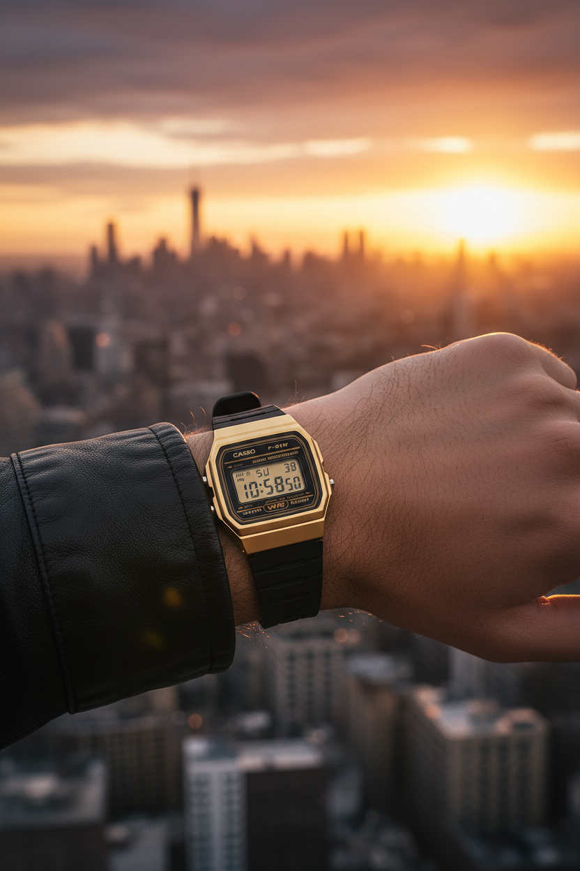 Casio F-91WM-9ADF en muñeca en rooftop golden hour