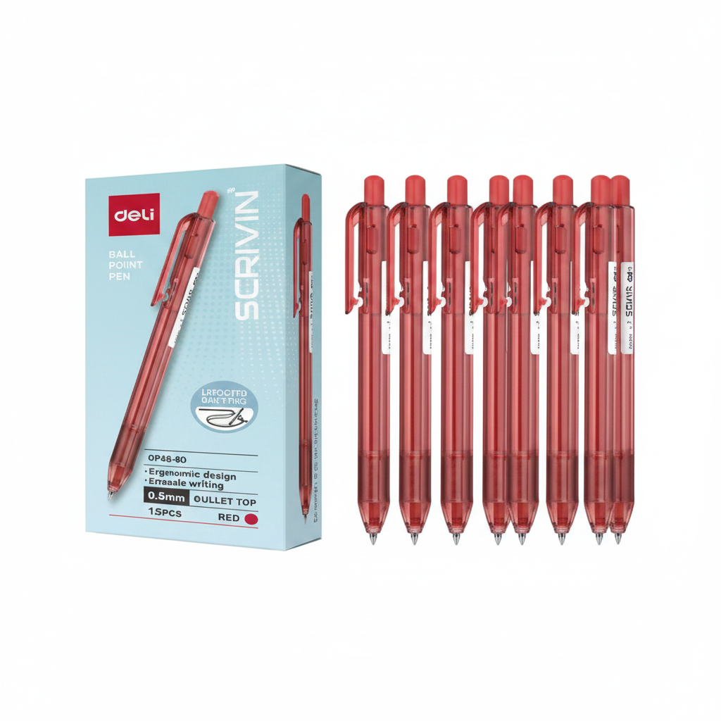 Bolígrafo retráctil DELI punta bala 0,5mm rojo x12 unidades