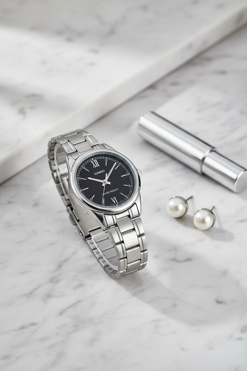 Casio LTP-V005D-1B2UDF sobre mármol blanco con perfume y perlas