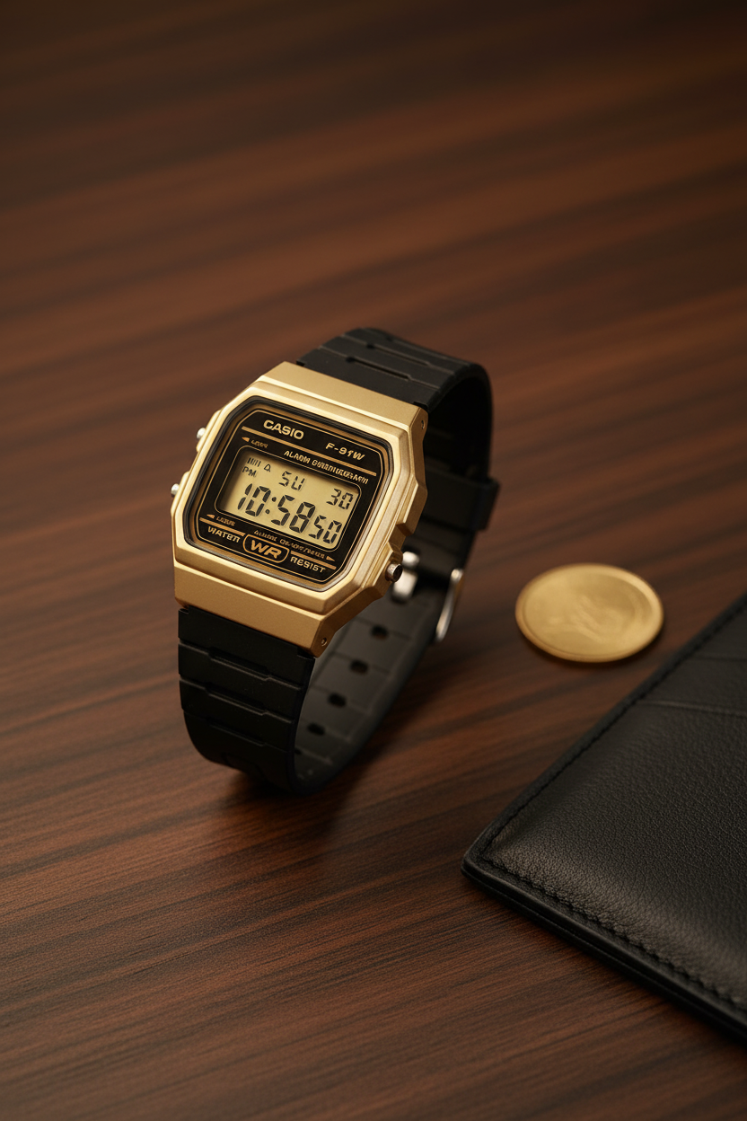 Casio F-91WM-9ADF sobre nogal oscuro premium