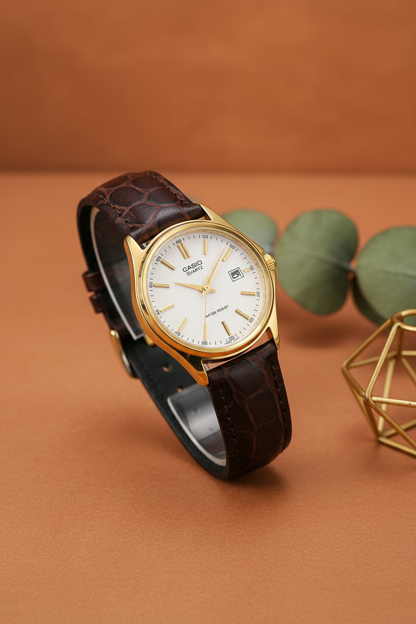 Casio LTP-1183Q-7ADF sobre fondo terracota con eucalipto
