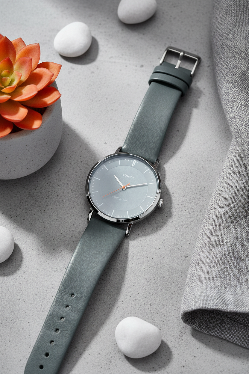 Producto - Concreto gris con suculenta naranja y lino