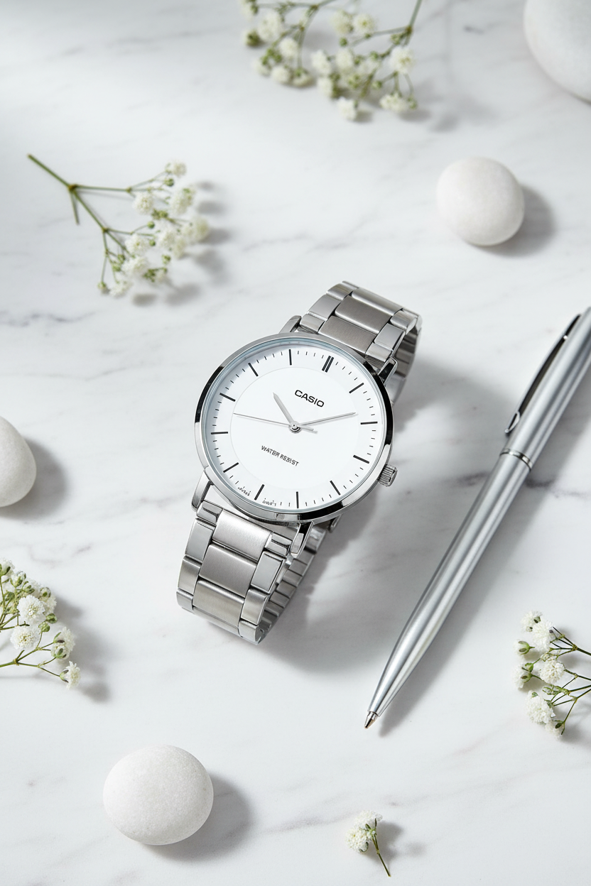 Producto - Mármol blanco con pluma plateada y flores blancas