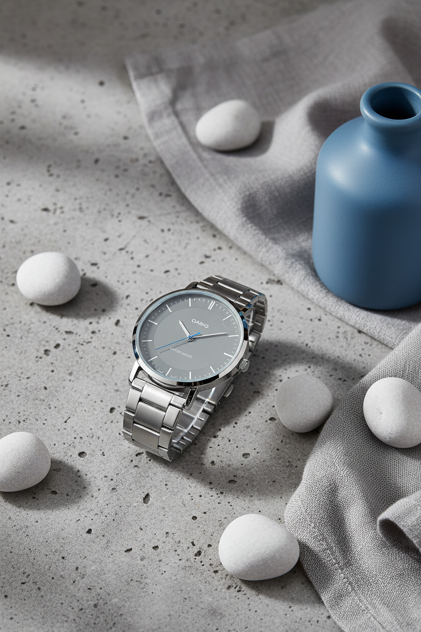 Producto - Concreto gris con vasija azul y lino