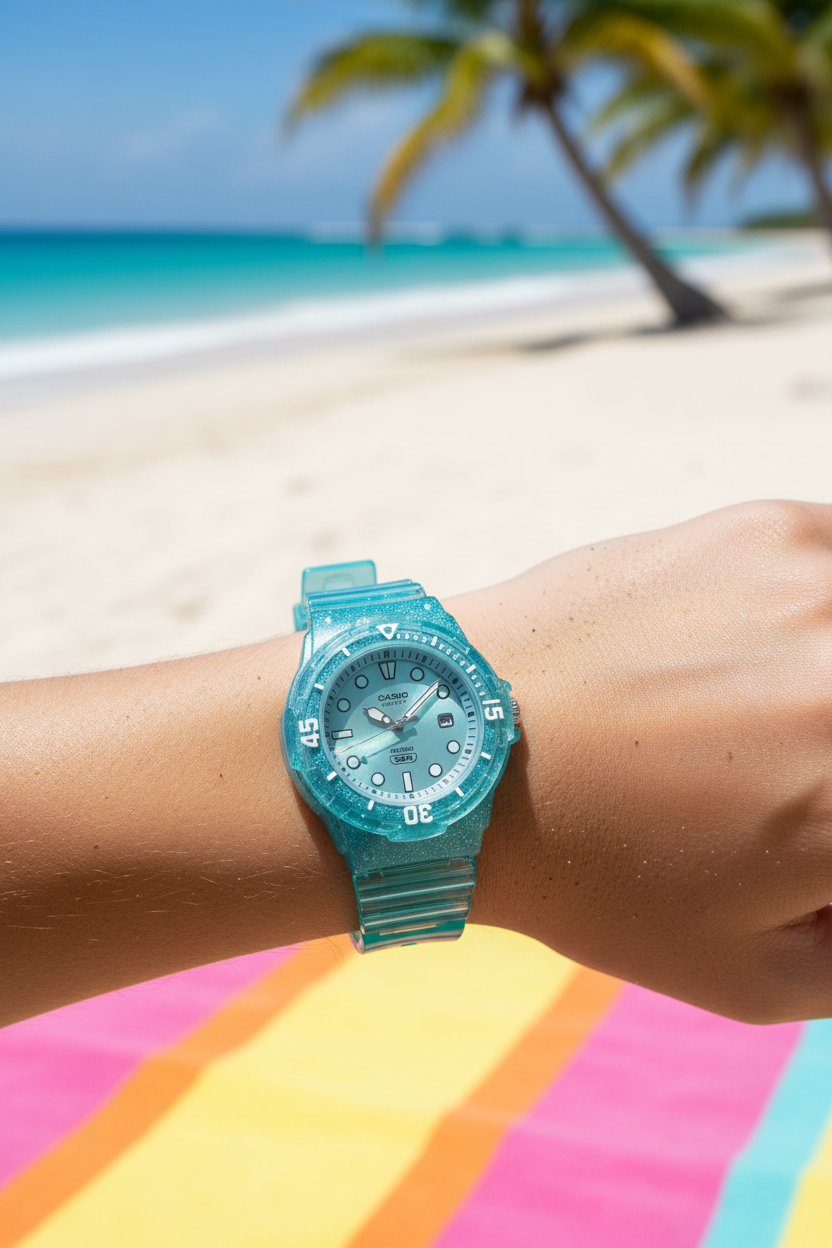 Casio LRW-200HS-2EVDF en muñeca en playa tropical turquesa