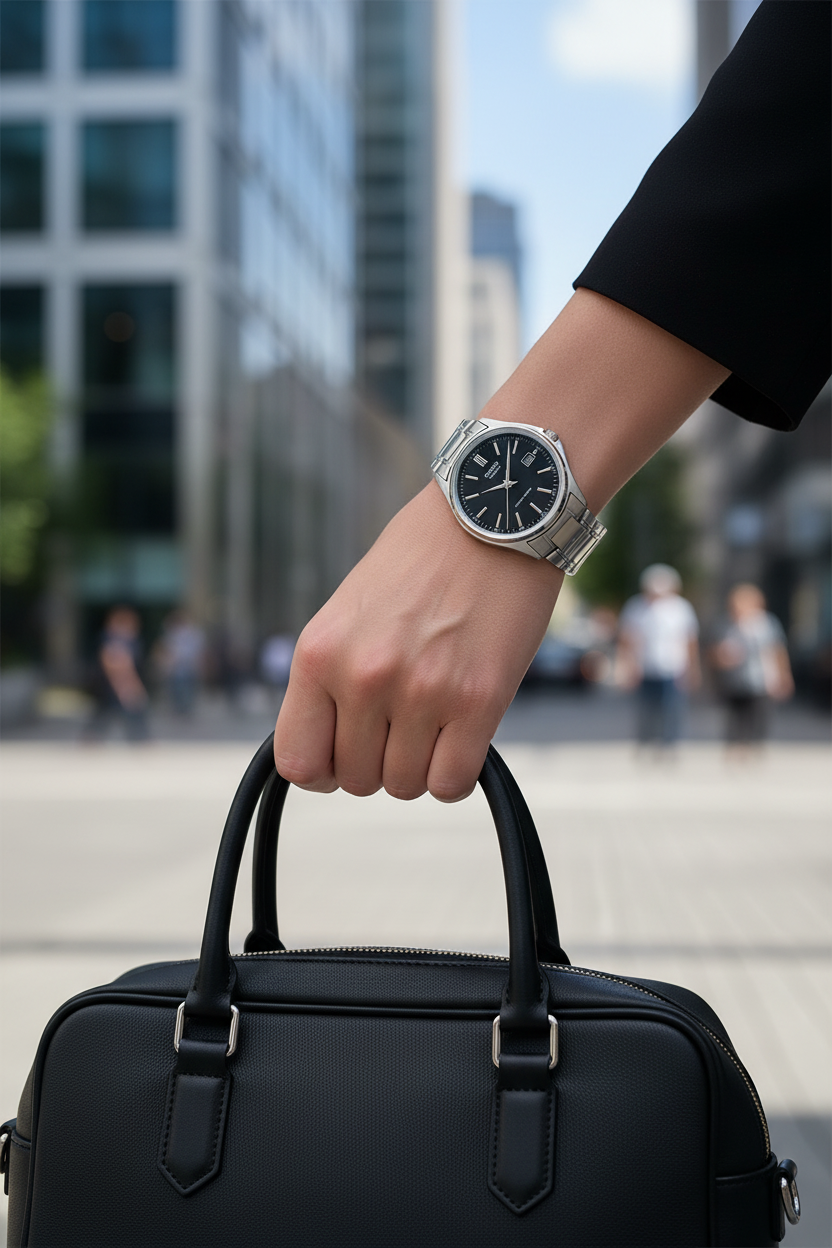 Casio LTP-1183A-1ADF en muñeca en escena urbana con cartera negra