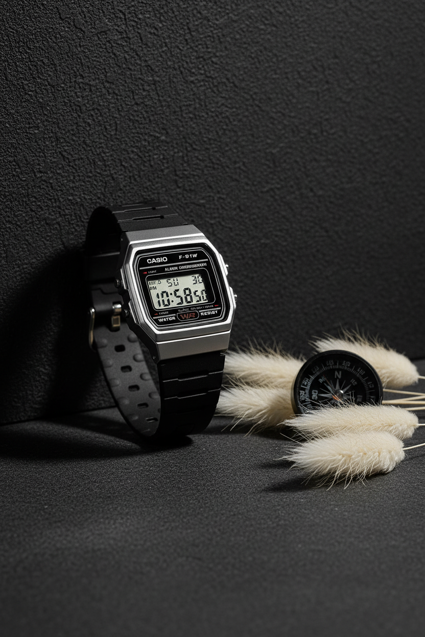Casio F-91WM-7ADF sobre fondo carbón con brújula